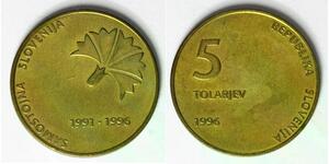 SLOVENIA 5 Tolarjev 1996 - Brass - 5th Anniversary of Independence - aUNC - 1138