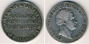 Пруссия
1 талер (1839 г.)
Серебро
А. Фридрих Вильгельм III. Номер по Краузе # 420, 750-я проба, 22,272 г.
