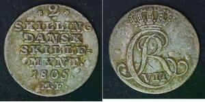 DENMARK 2 Skilling 1805 MF - Silver 0.250 - Christian VII. - VF- - 1489