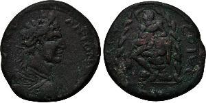 MACEDON. Pella. Elagabal (218-222). Ae. Obv: IMP C M AVR ANTONINVS. Laureate, draped and cuirassed bust right. Rev: CO IVL AVG PELLA. Pan seated on rock in front of cave entrance(?), leaning on s ...