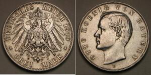 BAVARIA (German Empire) 3 Mark 1910 D - Silver 0.9 - Otto - VF/XF - 2127 *