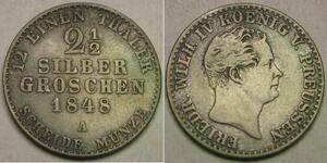 PRUSSIA 2-1/2 Groschen 1848 A - Billon 0.375 - Fried. Wilhelm IV. - VF+ - 2680 *