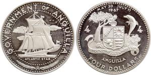 Anguilla. Britisches Überseegebiet seit 1962. 4 Dollars 1969. K.M. 18.1. Polierte Platte