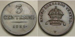 LOMBARDY VENETIA 3 Centesimi 1834 V - Copper - Franz I. - UNC - 2036 *