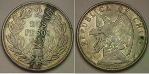 CHILE 2 Pesos 1927 So - Silver 0.5 - VF - 368 *