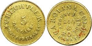  Christopher Bechtler, 5 DOLLARS CAROLINA, 140 gr. 20 carats. Plain edge. Sharpness of EF-45 cleaned years ago. Soft yellow to greenish gold with coppery orange accents in one or two areas. Devoi ...