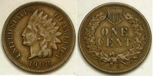 USA Indian Head Cent 1908 S - Bronze - VF+ - 3084 *