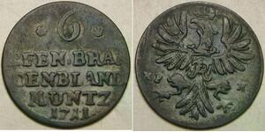 BRANDENBURG PRUSSIA 6 Pfennig 1711 HFH - Silver 0.125 - Friedrich I - VF+ -3669*