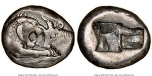 -546,LYDIAN KINGDOM. Croesus (561-546 BC). AR half-stater or siglos (15mm). NGC VF. Sardes mint. Confronted foreparts of lion facing right and bull facing left, each with outstretched forelegs /  ...