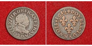  
  1614-D, Royal France, Louis XIII. Copper Double Tournois Coin. Lyon! Key-Date!   Mint Year: 1614  Mint Place: Lyon (D)  References: KM-59.2.  Denomination: Double Tournois  Condition: Cleaned ...