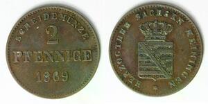 SAXE MEININGEN (German State) 2 Pfennig 1869 - Copper - Georg II. - VF/XF - 749