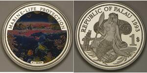 PALAU 1 Dollar 1993 Proof - Cu-Ni - Marine Life Protection / Ocean Scene - 2920*
