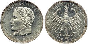  Germany. 5 Mark, 1957-J. KM-117; J-391. Joseph Von Eichendorff. NGC graded MS-65. Estimated Value $400 - 500. Categories: World Crowns and Minors