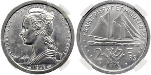 1948,Saint-Pierre und Miquelon. Piefort Probe 2 Franc 1948. K.M. PE 2. In US Plastic-Holder NGC MS63. Fast Stempelglanz.