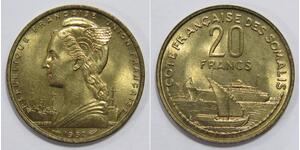 FRENCH SOMALILAND DJIBOUTI 1952 20 FRANCS WINGED PHRYGIAN CAP WORLD COIN 