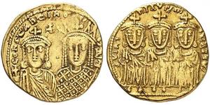 1591,BYZANTINE EMPIRE. Constantinus VI, 780-797, and Irene with Leo III, Constantinus V und Leo IV. Solidus 790/792, Constantinople. Crowned bust of Constantinus V in chlamys on left, facing, and ...