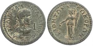 Kaiserzeit. Gallienus 253-268. Mittelbronze. 17,18 g. Pamphylien, Side. Belorbeerte drapierte Büste rechts, davor I, darunter Pfeil nach rechts / Behelmte Athena steht nach links, hält Palmzweig  ...