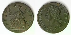 GREAT BRITAIN 1/2 Penny 1753 - Copper - George II. - XF - 2205