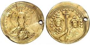 1025,BYZANTINE EMPIRE. Basil II, 976-1025, with Constantinus VIII. Histamenon 977, Constantinople. +IhS XIS RЄX RЄGNANTIhm Bust of Christ Pantokrator facing, with cross nimbus, holding book of Go ...