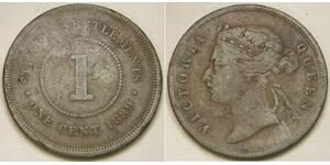 STRAITS SETTLEMENTS 1 Cent 1889 - Bronze - Queen Victoria - VF- - 4140 *