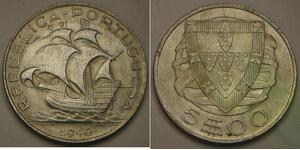 PORTUGAL 5 Escudos 1940 - Silver 0.65 - XF - 347 *