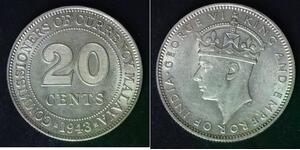 MALAYA 20 Cents 1943 - Silver 0.500 - George VI. - XF/aUNC - 4620