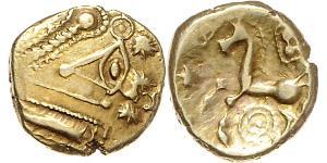 Kelten Gallien Treveri. Stater. 6,13 g. Stilisiertes Auge / Pferd nach links, darunter konzentrische Kreise. GOLD. Sehr schön