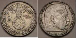 GERMANY (3rd Reich) 2 Reichsmark 1936 D - Silver 0.625 - Hindenburg - VF+ -2116*
