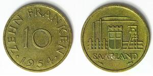 SAARLAND (German Republic State) 10 Franken 1954(a) - Aluminum/Bronze - 2254