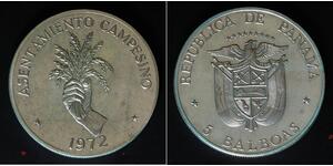 PANAMA 5 Balboas 1972 - Silver 0.900 - F.A.O. - aUNC - 2167