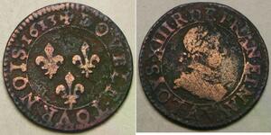 FRANCE Double Tournois 1613 A - Copper - Louis XIII. - VF- - 3628 *