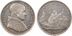 Vatican, Grégoire XVI, 50 baiocchi, 1834/IV Rome A/GREGORIVS. XVI - PONT. MAX. A. II. Buste de Grégoire XVI à droite, au-dessous (date) et signature N. CERBARA. R/S. ROMVALDVS. AB. CAMAL.. Saint  ...