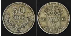 SWEDEN 50 Ore 1911 W - Silver 0.600 - Gustaf V. - VF - 2646