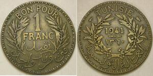 TUNISIA 1 Franc AH 1360 / 1941 - Aluminium-Bronze - VF - 2794 *