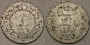TUNISIA 1 Franc AH 1329 / 1911 A - Silver 0.835 - Muhammad V. - VF - 2807 *