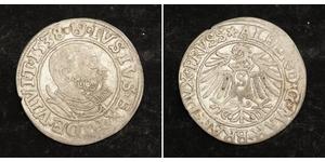  
  1538, East Prussia, Albert (Duke). Silver Grossus (Groschen) Coin. About XF!  IVSTVS * EX * FIDE * VIVIT - 