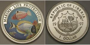 LIBERIA 1 Dollar 1997 Proof - Copper-Nickel - Marine Life Protection - 2922 *