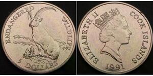 COOK ISLANDS 5 Dollars 1991 - Endangered Wildlife - Alpine Ibex - UNC - 2077 