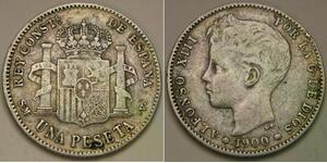SPAIN 1 Peseta 1900 SM-V - Silver 0.835 - Alfonso XIII. - VF+ - 304 *