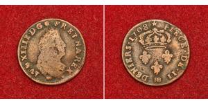  
  1708, Royal France, Louis XIV. Nice Copper 2 Deniers Coin. Strasbourg  mint!   Mint Place: Strasbourg (BB)  Mint year: 1708 (2-year type!)   References: KM-309 ($20 in F!).   Denomination: 1/ ...