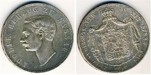 Нассау
2 талера (1860 г.)
Серебро
герцог Нассау Адольф, Номер по Краузе C#68, 900-я проба, 37,04 г.
