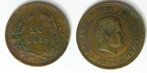 PORTUGAL 20 Reis 1891 - Bronze - Carlos I. - VF - 4575