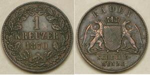 BADEN (German Grand Duchy) 1 Kreuzer 1870 - Copper - Friedrich I. - VF/XF -4072*