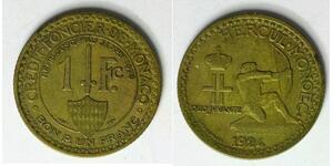 MONACO 1 Franc 1924 (p) - Aluminum/Bronze - Louis II. - VF - 3810