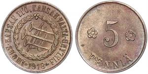 Finnland. Republik seit 1917. 5 Penniä 1918. K.M. 21. Prachtexemplar. Fast Stempelglanz