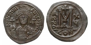 Byzantine Empire - Justinian I 527-565; follis = 40 nummi, 15 rok panowania (541/542), Konstantynopol; Aw: Popiersie cesarza trzymającego glob z krzyżem na wprost, DN IVSTINIANVS P P AVG; Rw: Lit ...