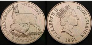 COOK ISLANDS 5 Dollars 1991 - White-tailed deer - UNC - 2071 