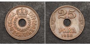  
  1938, Kingdom of Yugoslavia, Peter II. Beautiful Bronze 25 Para Coin. AU-UNC!   Mint Year: 1938 Reference:  KM-17. Condition: AU-UNC! Denominations: 25 Para Diameter: 20mm  Material: Bronze   ...