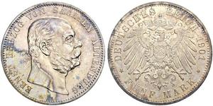1901,DEUTSCHLAND. Kaiserreich. Sachsen-Altenburg, Herzogtum. Ernst, 1853-1908. 5 Mark 1901 A, Berlin. Zum 75. Geburtstag. 27.78 g. J. 143. Patina / Toned. Vorzüglich-FDC / Extremely fine-uncircul ...