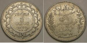TUNISIA 1 Franc AH 1322 / 1904 A - Silver 0.835 - Muhammad IV. - VF/XF - 2805 *